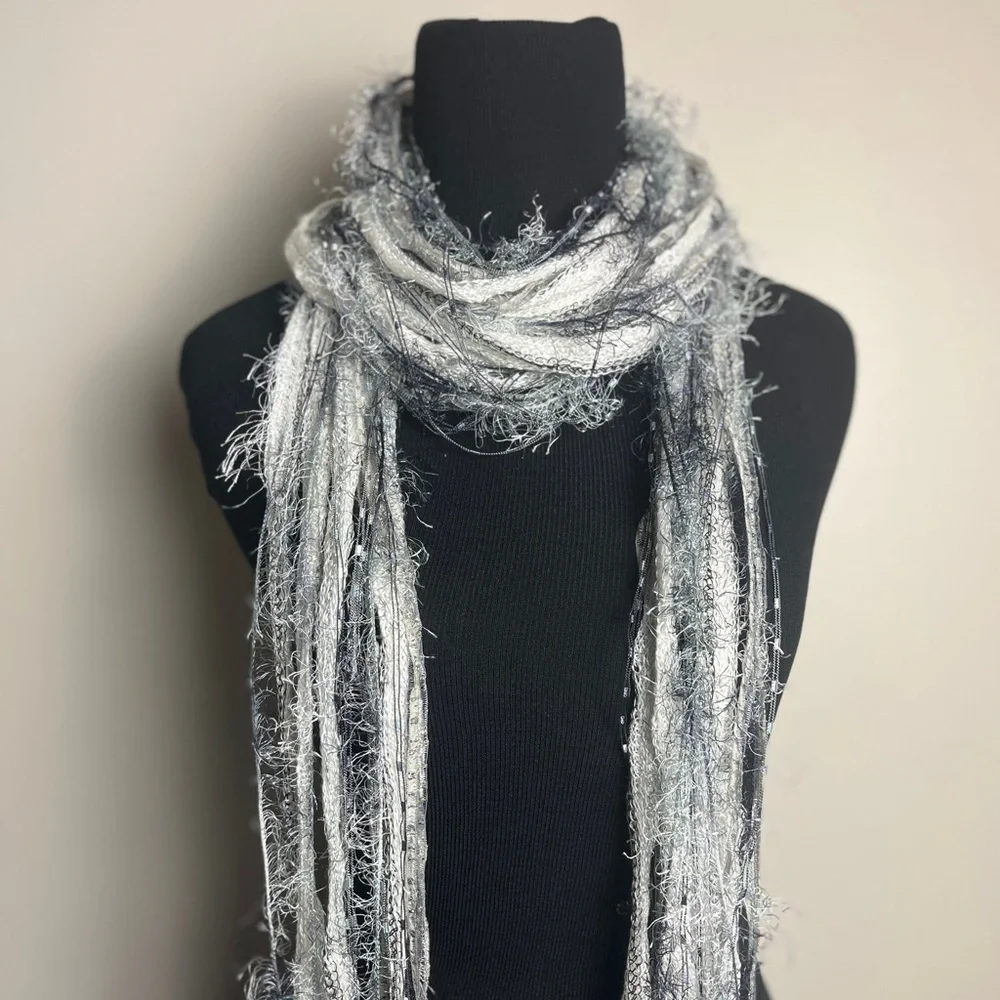 White and silver shaggy boho scarf - Picture 7 of 8